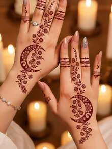 2张全手花卉图案棕红色酒红色性感脚趾手指手部纹身贴纸，女士花卉海娜纹身贴纸，防水花卉贴纸，棕色纹身贴纸，女士人体彩绘贴纸，婚礼派对棕红色纹身贴纸 - 紅色 - 查看 3