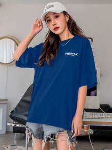 Women's Oversized Printed T-Shirt - Cheerful Paradise Phrase - Loose, Casual, Stylish, Modern, And Cool Blouse - 寶藍色 - 查看 6