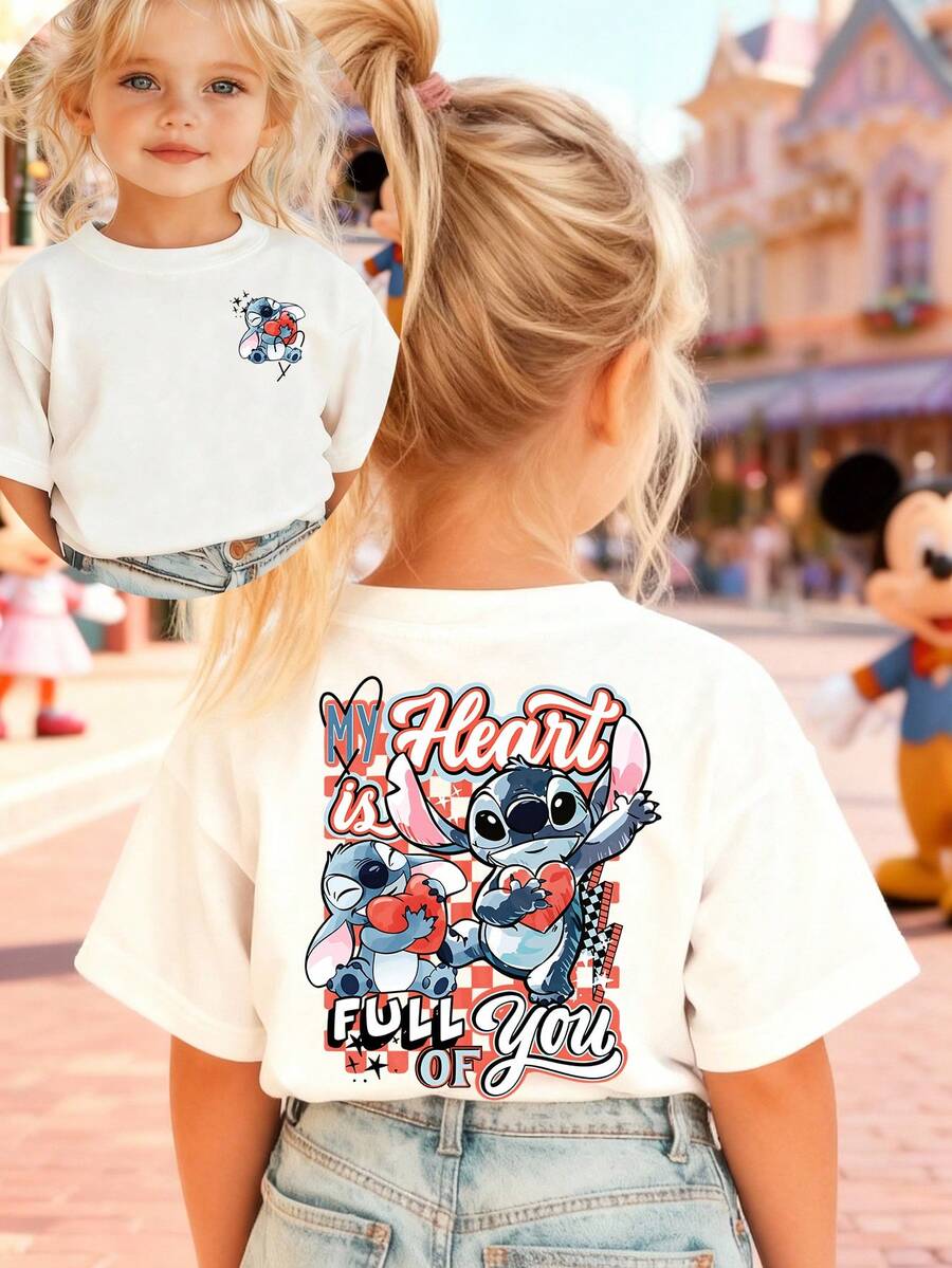 Disney Girls' T-Shirt, Creative Stitch Alphabet Heart Cartoon Double-Sided Print, Summer Girls' Cotton Crew Neck Short Sleeve, Suitable For Everyday Wear, Holidays, Outdoor Activities, And As A Gift For Children. - trắng - Xem 1