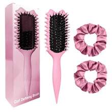 Curly Hair Brush Boar Bristles Curl Defining Brush With 2 Psc Silk Scrunchies Detangling Brush For Curly Hair Detangling Brush Styling Comb Curling Curling Brush (Pink) - ColorC - 查看 1
