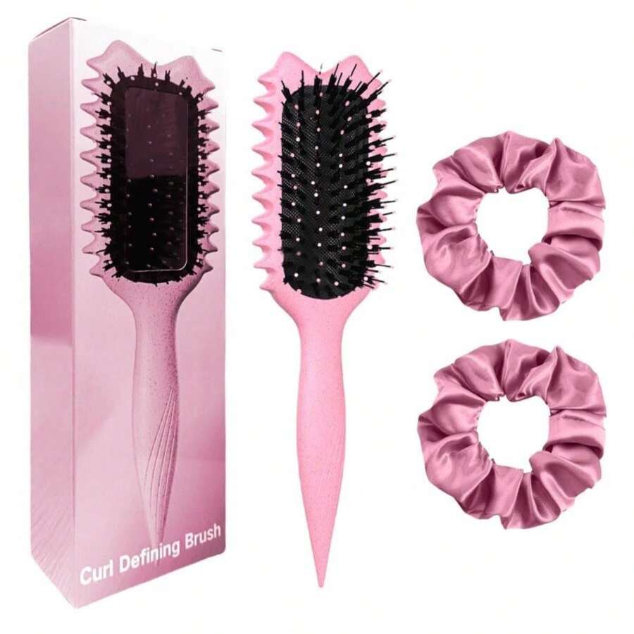 Curly Hair Brush Boar Bristles Curl Defining Brush With 2 Psc Silk Scrunchies Detangling Brush For Curly Hair Detangling Brush Styling Comb Curling Curling Brush (Pink) - ColorC - 查看 1