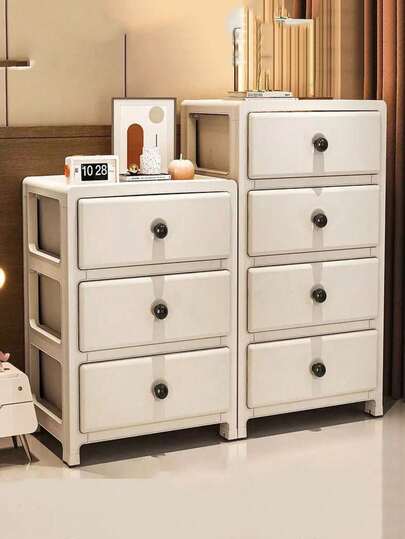 1pc Movable Cream-Colored Storage Cabinet, Home Storage Cabinet With Drawers For Living Room, Kitchen, Bedroom Nightstand