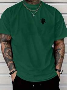 Men's T-Shirt With Minimalist 2H Print, Short-Sleeved Cotton T-Shirt With Round Neck, 2H Lettering. - 軍綠色 - 查看 1