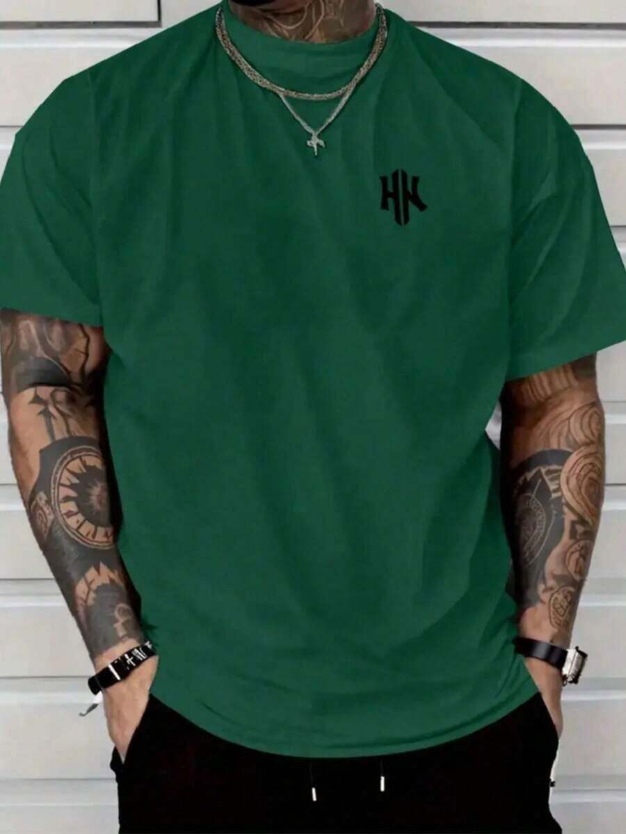 Men's T-Shirt With Minimalist 2H Print, Short-Sleeved Cotton T-Shirt With Round Neck, 2H Lettering. - 軍綠色 - 查看 1