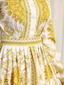 女士新款时尚复古印花迷你连衣裙——长袖、收腰、褶裥设计，适合日常通勤和度假穿着