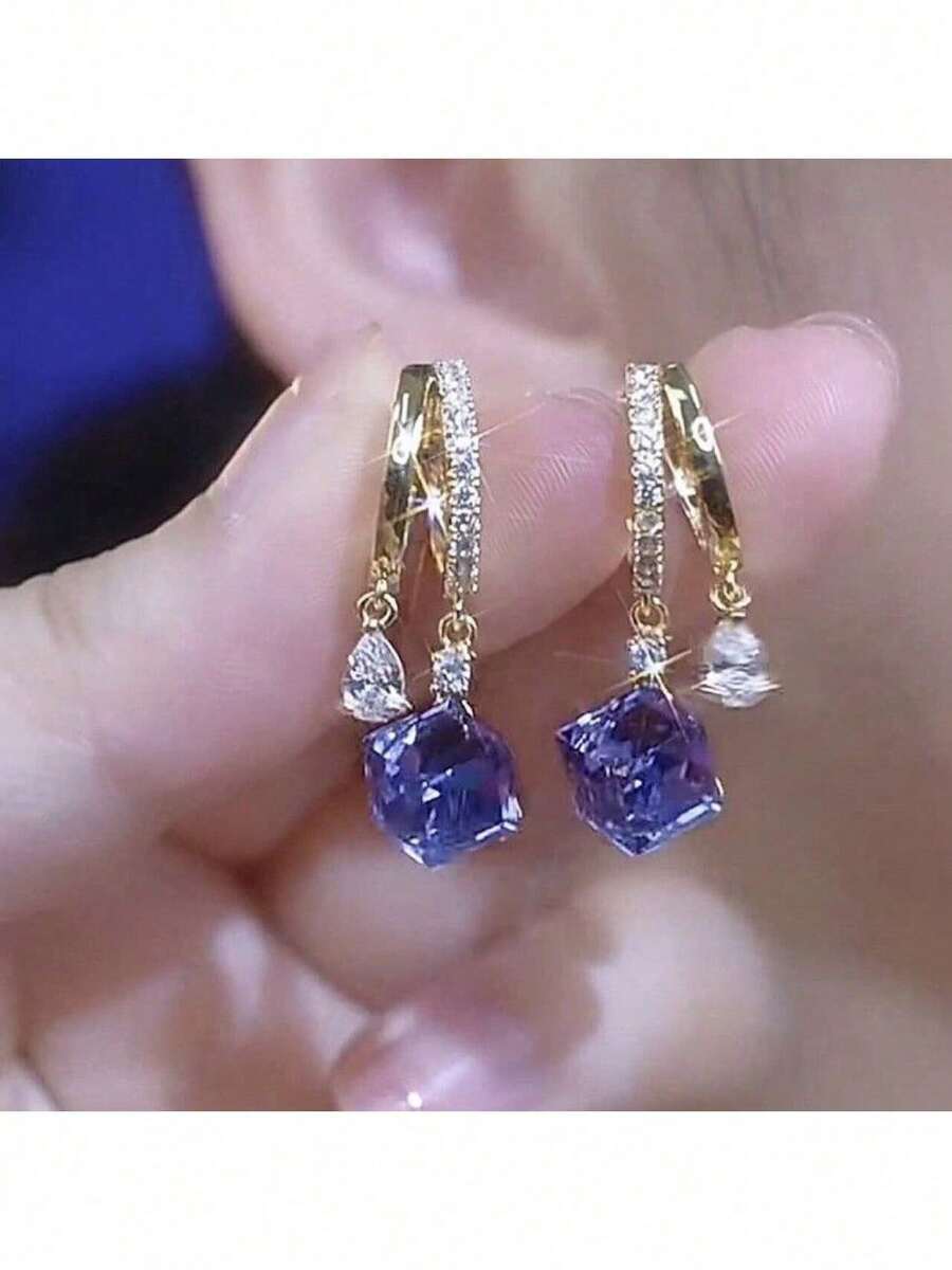 New Blue Water Drop Crystal Earrings Suitable For Summer, Niche Design Sense, Elegant Earrings, Wholesale Jewelry - N2077A1--purple Cube - View 1