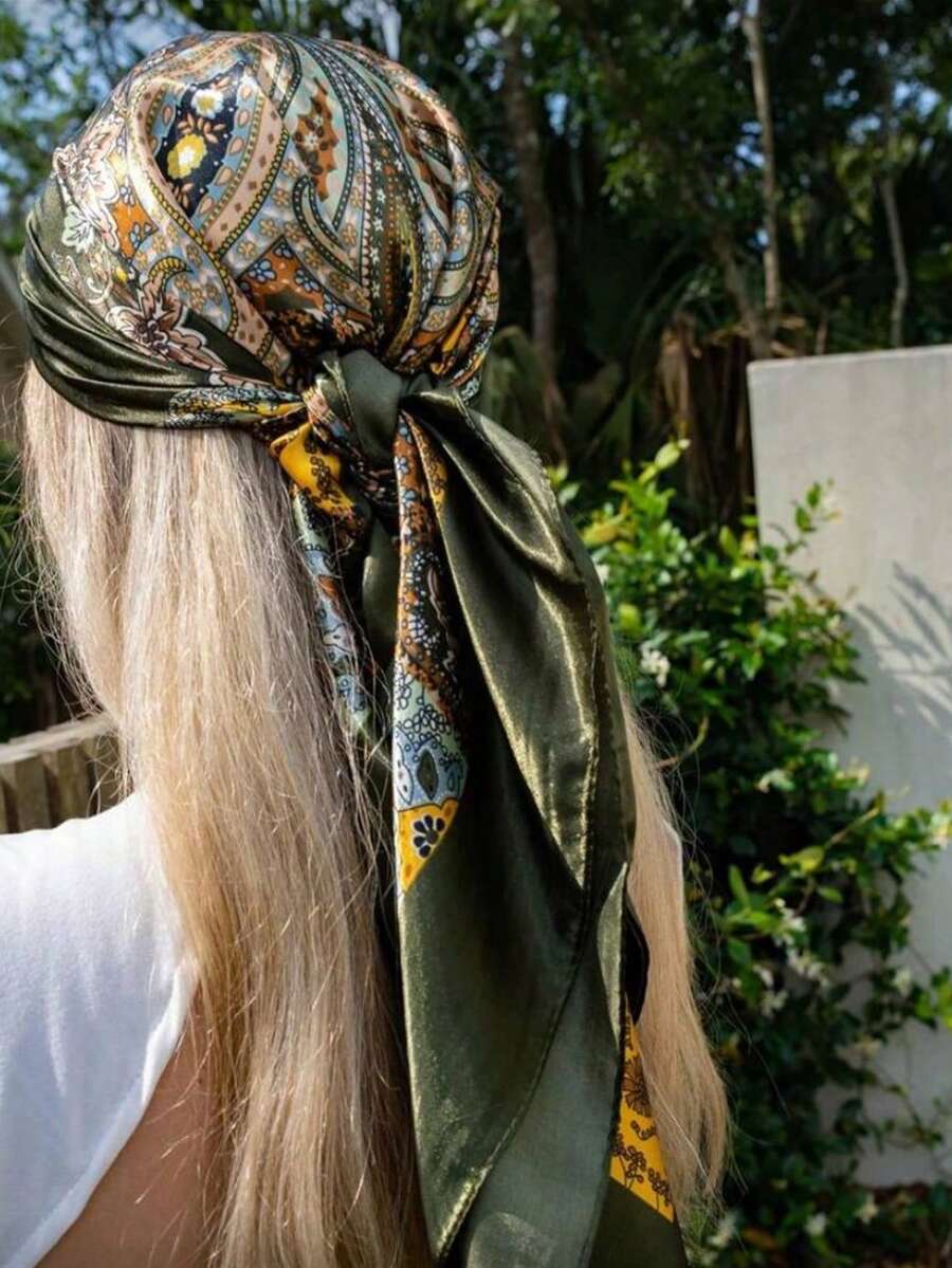 1条波西米亚风佩斯利印花缎面围巾，优雅头巾/披肩，适合日常休闲佩戴，防晒 - 墨綠色 - 查看 1