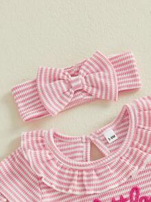 Monos para bebé niña con bordado de letras, volantes, cuello redondo, manga corta, monos para bebé con diadema - Sandía roja - Ver 5