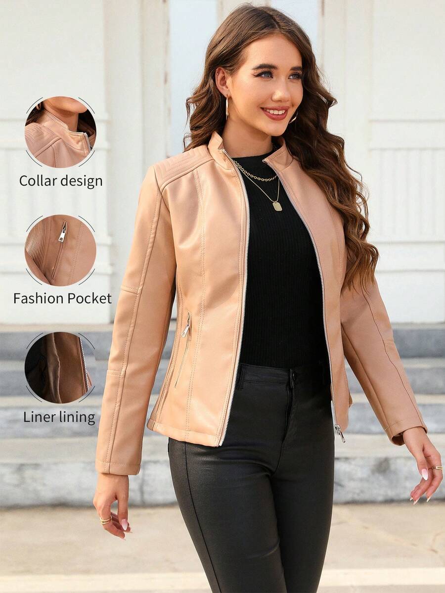 Giolshon Women Faux Leather Motorcycle Jacket - Asymmetric Zipper, Stand Collar, Suitable For Urban Streetwear And Commuting Style, Spring - Khaki - View 1