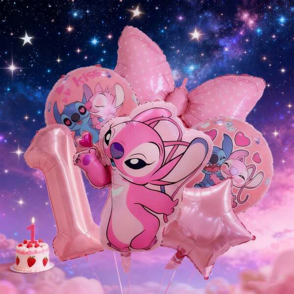 Set de 6 globos de cumpleaños con temática de Lilo y Stitch Ángel en color rosa. Globos con forma de estrella combinados con globos adorables con el patrón de Lilo y Stitch Ángel besándose y globos con números, creando una escena alegre y cálida para una fiesta de cumpleaños de un año. Este es un regalo de decoración y recuerdo de cumpleaños, dejando que el lindo Stitch y el Ángel acompañen al bebé a través de una celebración de cumpleaños como un sueño. Muy adecuado como decoración de pared de fondo.