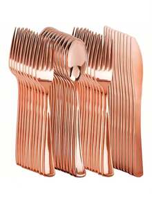 150/100/50/25/10pcs Rose Gold Flatware Set, Includes Cake/Salad Forks, Spoons, Plastic Material Reusable And Washable Cutlery Set, Suitable For Home, Restaurant, Wedding, Outdoor, Birthday, Party, Holiday Gathering, Kitchen Accessories, Valentine's Day, Back To School Party, Dinnerware Set, Kitchen & Dining - Rose Gold - View 1