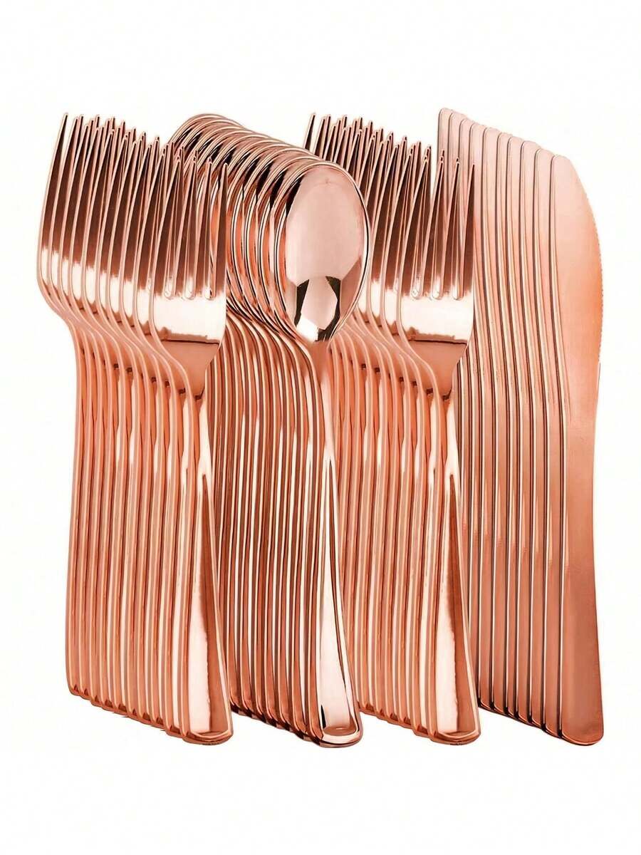 150/100/50/25/10pcs Rose Gold Flatware Set, Includes Cake/Salad Forks, Spoons, Plastic Material Reusable And Washable Cutlery Set, Suitable For Home, Restaurant, Wedding, Outdoor, Birthday, Party, Holiday Gathering, Kitchen Accessories, Valentine's Day, Back To School Party, Dinnerware Set, Kitchen & Dining - Rose Gold - View 1