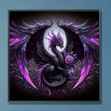 Helrund diamantmålning, lila drake som håller ros, mosaikväggdekor, handgjord diamantkonst - Flerfärgad-1 - Visa 3