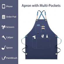 Dulabi Apron, Adjustable Chef Apron For Women And Men With Large Pockets, CooFKing Kitchen Apron With Back Straps - 丹寧藍 - 查看 5