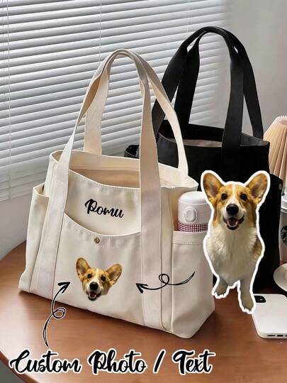 Personalized Pet Photo And Name Tote Bag, Large Capacity Shoulder Bag, Suitable For Work, Travel, And College Students. Portable, Multifunctional, Versatile, Lightweight, And Practical. Suitable For Anniversaries, Holidays/Vacations, And Other Occasions. It Has A Wide Range Of Uses, Is Cute, Simple, Fun, And Adorable. It Is A Perfect Birthday, Anniversary, And Valentine's Day Gift For Pet Lovers.