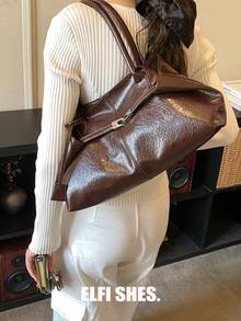 Large Capacity Commuter Tote Bag, Women's Solid Color PU Fabric Shoulder Bag, Magnetic Closure, Suitable For Girls, Ladies, College Students, Career Starters And Office Workers, Great For Work, Business, Commuting, School - Coffee - View 4