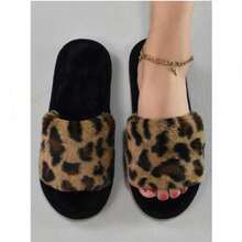Women Leopard Pattern Fuzzy Bedroom Slippers, Fashionable Open Toe Home Slippers,Halloween - Brown - View 2
