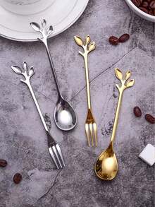 2件套/3件套不锈钢叶柄沙拉甜点叉勺，创意家居用具 - 彩色 - 查看 1