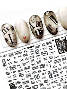 2pcs Retro Letter Nail Art Stickers, Self-Adhesive 3D Nail Stickers, Black Letter Nail Art Decals, Nail Art Accessories, Women DIY - 彩色 - 查看 3