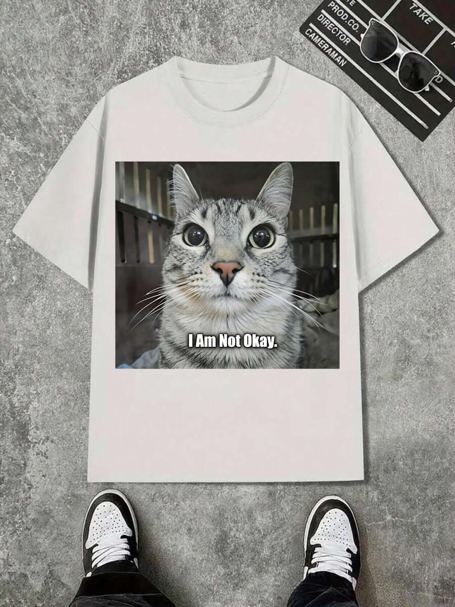 I'm Not Good At Funny Cat Fan Men's And Women's Shirts,Black, White, Khaki, Navy Blue, Four Colors To Choose From, Comfortable Fit, Men's T-Shirt, Casual Minimalist Pattern Printed Short Sleeved Round Neck T-Shirt - 白色 - 查看 1