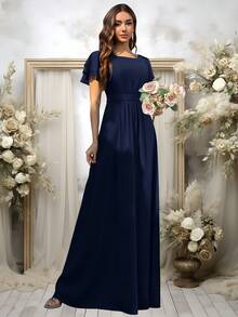 Volly Toych Elegant Modest Chiffon Maxi Bridesmaid Dress With Scoop Neck And Flounce Short Sleeves Draped Ruffle Classy Vacation Style - Navy Blue - View 5