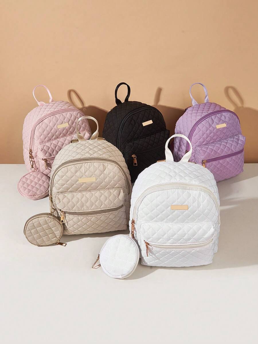 1 Set Girls' Quilted Classic Backpack With Coin Purse, 2pcs Fashionable Backpack Set, Great Gift - Multicolor - View 1