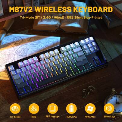  ATTACK SHARK * FREEWOLF M87V2 87 Keys Membrane Gaming Wireless Keyboard,80% TKL Layout Side Printed Keys Retro Cute Creamy,RGB Backlit 4000mAh 2.4G/BT/Wired Computer Silent Keyboard For Windows PC/ Linux/ Gamer, Monnlit Night/ Gradient Blue/ Blackberry