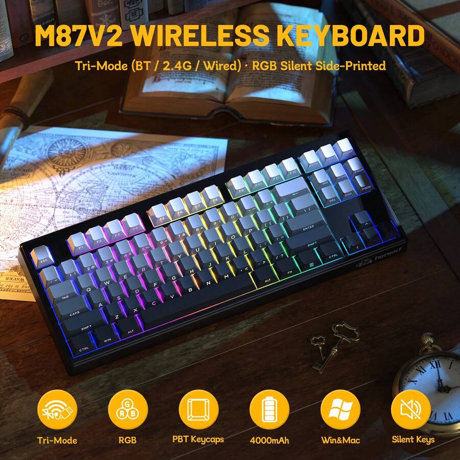 ATTACK SHARK * FREEWOLF M87V2 87 Keys Membrane Gaming Wireless Keyboard,80% TKL Layout Side Printed Keys Retro Cute Creamy,RGB Backlit 4000mAh 2.4G/BT/Wired Computer Silent Keyboard For Windows PC/ Linux/ Gamer, Monnlit Night/ Gradient Blue/ Blackberry - Multicolor - View 1