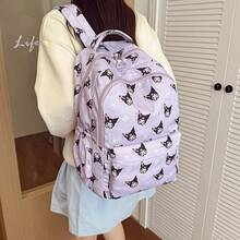 2pcs Sanrio Large Capacity Nylon Backpack Set, With Cute Character Prints Aesthetic Style Student Bookbag, Comes With Matching Pencil Case, Multi-Compartment Design Fits Laptop, Durable Travel Backpack Suitable For Women And College Students - Multicolor - View 6