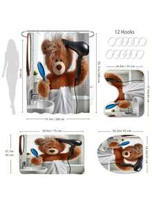 4件套时尚毛绒熊浴帘套装,包含防滑地毯、马桶垫、浴室垫、不透明浴帘和12个耐用挂钩,高品质浴室装饰配件,适合所有家具风格。 - 彩色 - 查看 5
