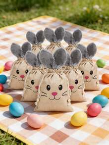 1/3/6pcs Large 26*20cm Easter Burlap Drawstring Gift Bags With Fluffy Rabbit Ears And Beads, Easter Burlap Candy Bags - Multicolor - View 8