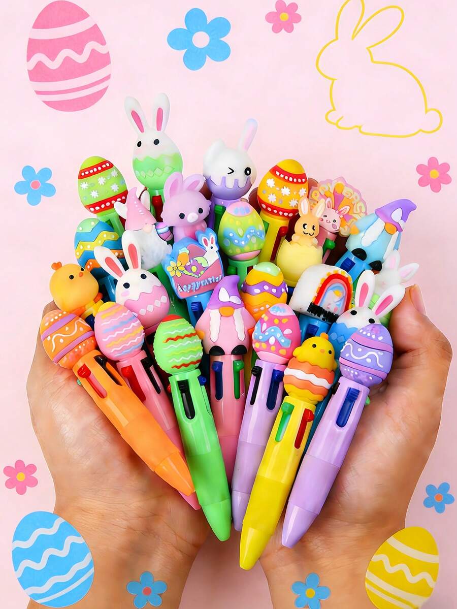 10pcs Easter Party Favor Pens, 4-In-1 0.5mm Multicolor Ballpoint Pens, Suitable For Office, Sports Enthusiasts, Unique Easter Gifts, Gift Bag Fillers, Cute Cartoon 4-Color Ballpoint Pens, Multicolor Push-Button Pens, Suitable For School Supplies, Stationery, Easter Gifts, Back To School Gifts, Cartoon Animal Ballpoint Pens, 0.5mm, Rabbit Easter Party Favors - Multicolor - View 1
