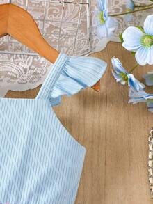 Young Girls' Spring/Autumn Knitted Flutter Sleeve Camisole Top Paired With Embroidered Floral Mesh Princess Dress, Casual Dress Set - Blue - View 4