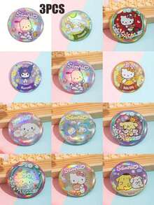 3枚三丽鸥金属徽章，卡通人物笑脸胸针，纪念胸针
