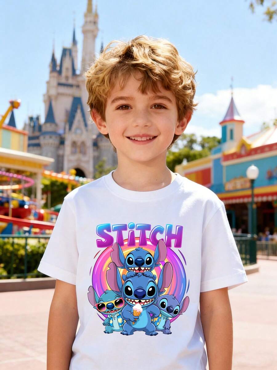Disney Boys' T-Shirt, Featuring A Creative And Adorable Stitch Alphabet Cartoon Print. This Summer Cotton Crew-Neck Short-Sleeve Shirt Is Perfect For Everyday Wear, Vacations, Outdoor Activities, And As A Gift For Children. - 白色 - 查看 1