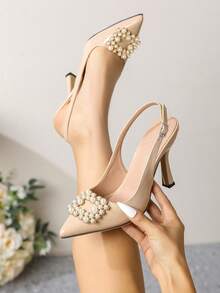 Women's New High Heel Shoes With Pearl Square Buckle, Pointed Toe, Elegant Stiletto Heel, Sexy Open Back, Fashion French Style Pumps - Apricot - View 1