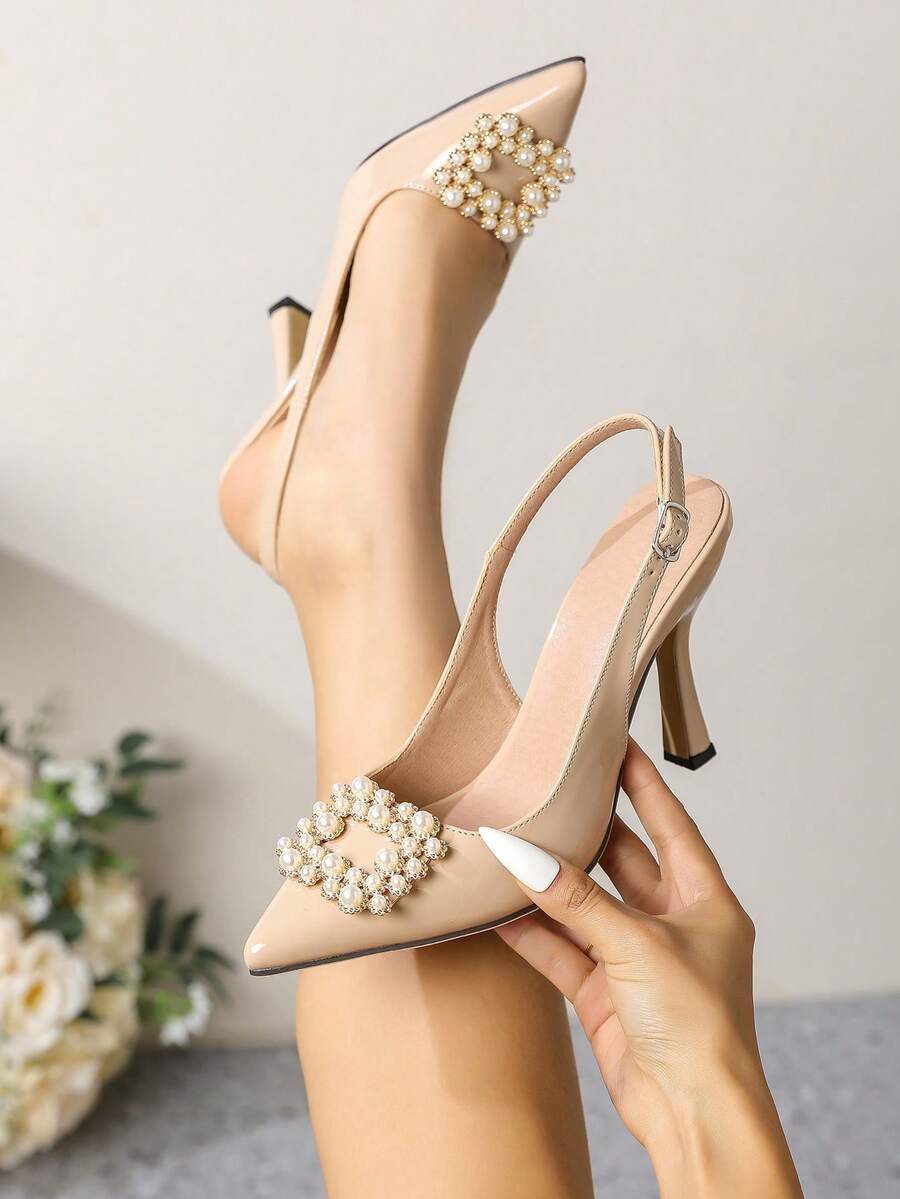 Women's New High Heel Shoes With Pearl Square Buckle, Pointed Toe, Elegant Stiletto Heel, Sexy Open Back, Fashion French Style Pumps - Apricot - View 1