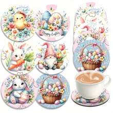 6件套复活节快乐兔子、彩蛋、胡萝卜元素复古设计木质杯垫套装，适用于庭院、厨房、客厅、家庭聚会、餐桌装饰，是馈赠亲友的理想之选，也适合复活节、情人节、婚礼、生日派对等家居装饰场合。 - 彩色 - 查看 1