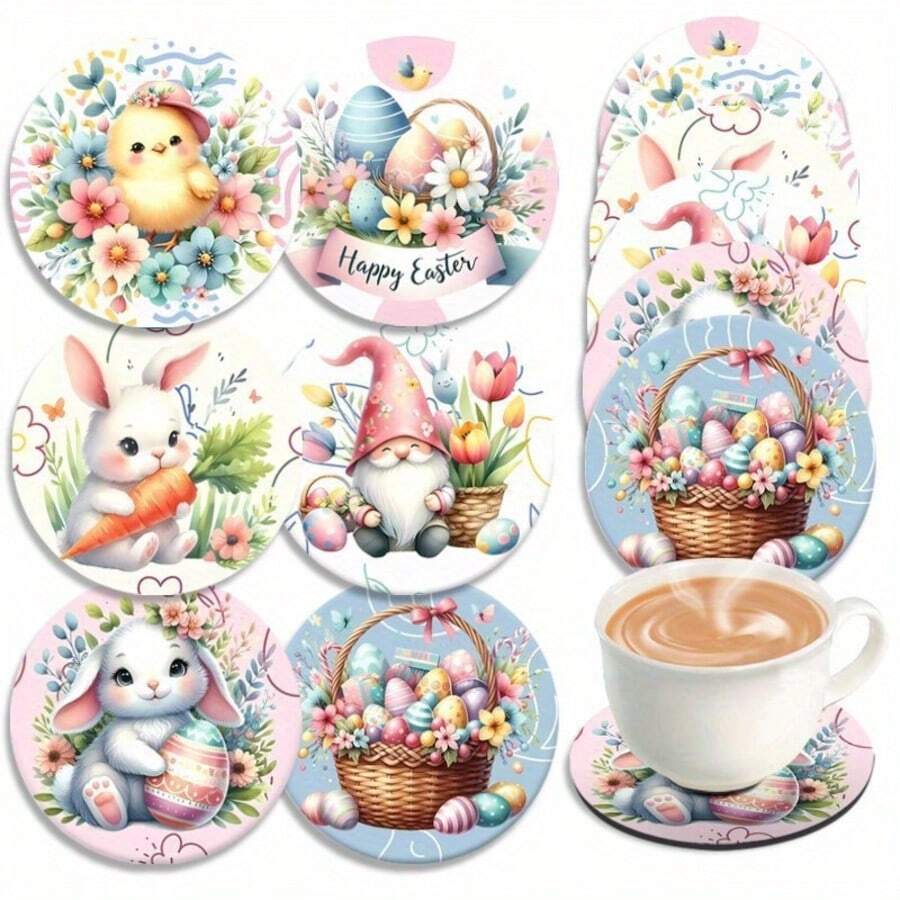 6件套复活节快乐兔子、彩蛋、胡萝卜元素复古设计木质杯垫套装，适用于庭院、厨房、客厅、家庭聚会、餐桌装饰，是馈赠亲友的理想之选，也适合复活节、情人节、婚礼、生日派对等家居装饰场合。 - 彩色 - 查看 1