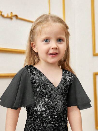  ALISA&LEO Girls Sequin Mermaid Maxi Dress, Elegant V-Neck Sheer Ruffle Sleeve Gown, Suitable For Flower Girl, Birthday Party And Formal Occasion