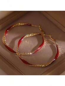 A Pair Of New Oil Drop Twisted Round Earrings, European And American Retro High-End Minimalist Earrings, Exaggerated Fashionable Earrings, Party And Holiday Gifts - 紅色 - 查看 4