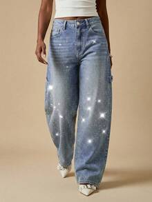 Women's Luxury Blue Wide Leg Jeans, Elegant Gradient Rhinestone Denim Pants, Fashionable Y2K Aesthetic Suitable For Party Nights, Shiny Spring/Summer Denim Pants Jacket - Dark Wash - View 2