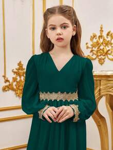 ALISA&LEO Girls Elegant V-Neck Long Lantern Sleeve Maxi Dress With Gold Embroidery Waist For Wedding Guest, Eid, Evening Party & Special Occasions - Dark Green - View 2