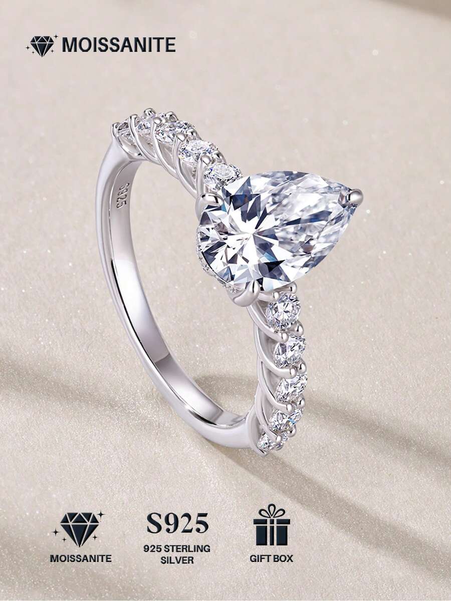 Nhẫn Moissanite bạc 925 cao cấp dành cho nữ, không gây dị ứng, thích hợp làm nhẫn đính hôn/cưới, quà tặng ngày Valentine/sinh nhật, hộp quà chống oxy hóa.