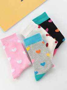 4/1 Pair Women Heart Design Mid-Calf Socks, Cute & Sweet, Suitable For Valentine's Day Gift, Back To School Season - Multicolor - View 5