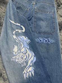 Y2K Loose Fit Denim Jeans, Men's Hip-Hop Streetwear Wide-Leg Pants For Casual & Daily Outfits - N48藍色 - 查看 1