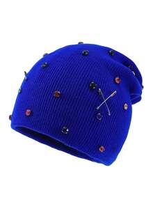 1pc Women's Fashion Colorful Rhinestone Brooch Punk Style Slouchy Knit Beanie Hat, Warm Woolen Cap For Autumn/Winter Outfits And Travel - A - View 9
