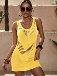 Hollow Geometric Pattern Knitted Cover Up, Vacation Spring/Summer Knitted Dress, Women Beach Sleeveless Knit Tank Top, Mini Beach Dress - Yellow - View 4