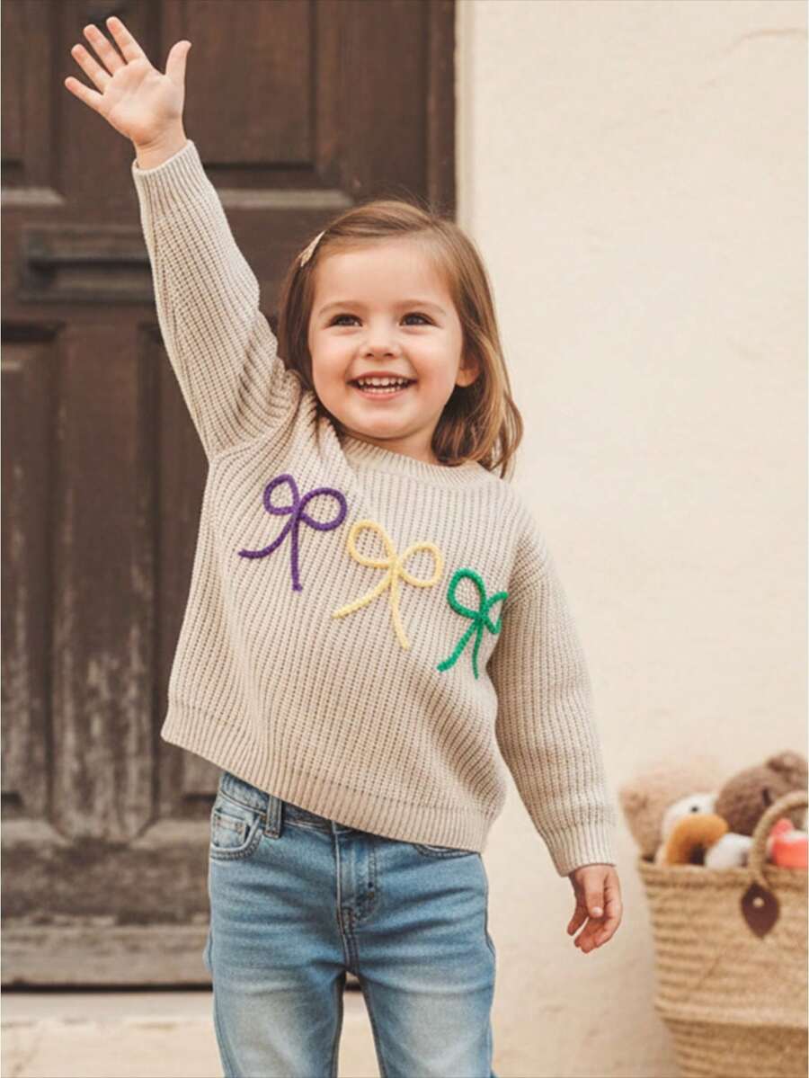 Suéter de MardiGras para niña pequeña con lazo bordado, cuello redondo, manga larga, tops de punto grueso - Albaricoque - Ver 1