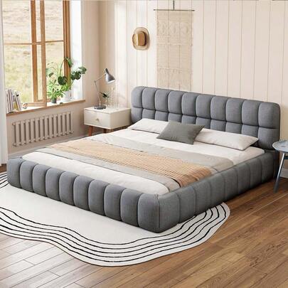 MERAX King Size Upholstered Platform Bed With Thick Fabric, Grounded Bed With Solid Frame, Gray